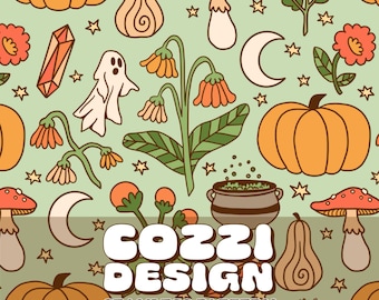 Cottage Core Pumpkin Seamless Pattern: Halloween Fabric Design (Digital Download)