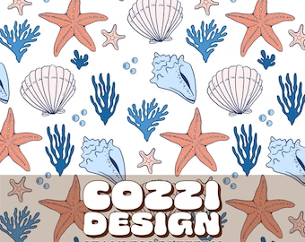 Starfish Seamless Pattern: Ocean Shells Digital Paper (12x12in, 5 Designs) (Digital Download
