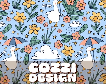 Rainy Duck Seamless Pattern: Floral Fabric Design (Digital Download)