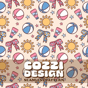 Modèle sans couture d'été coquette, modèle sans couture du 4 juillet téléchargeable pour tissus, arrière-plans numériques, 5 modèles, motifs de crème solaire