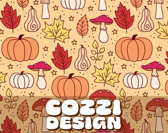 Fall Seamless Pattern: Pumpkin, Leaves, Mushrooms (Digital Download)