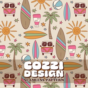 Modèle sans couture Surf Vibes, modèle estival sans couture téléchargeable pour tissus, arrière-plans numériques, 5 modèles, motifs de surf de plage