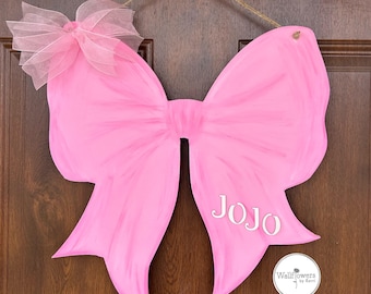 Personalized Pink Bow Door Sign - Baby Girl Nursery Sign - Coquette Bow Dorm Decor - Bow Bedroom Wall Hanging - Wooden Bow Door Hanger