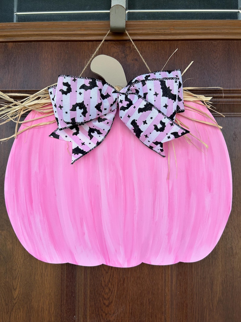 Hand painted Pink Pumpkin Door Hanger, Fall Porch Decor image 4