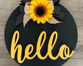 Sunflower Door Hanger - Front Door Sign - Fall Door Hanger -  Door Decor - Round Wood Door Sign  - Hello Door Sign - Porch Decoration