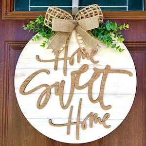 Home Sweet Home Door Sign: Distressed Cream Wood, Farmhouse Decor