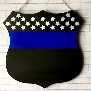 Thin Blue Line Police Badge Sign: Law Enforcement Door Hanger