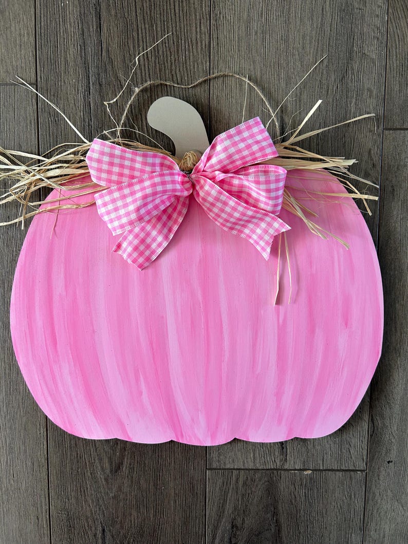 Hand painted Pink Pumpkin Door Hanger, Fall Porch Decor image 3
