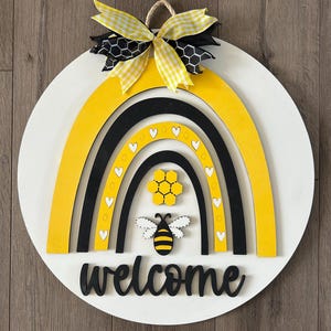 Welcome Bee Door Hanger: Wooden Bumble Bee Spring Decor