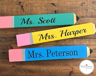 Personalized Teacher Pencil Desk Sign: Hand-Painted Birch Wood