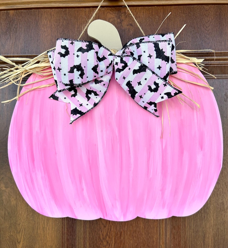 Hand painted Pink Pumpkin Door Hanger, Fall Porch Decor image 2