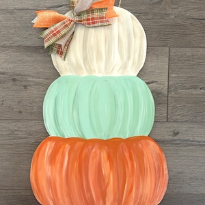 Stacked Pumpkin Door Hanger - Fall Front Door Decor with Bow - Rustic Autumn Porch Decoration - Hand Painted Pumpkin Wall Hanging