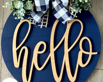 Hello Door Hanger -Front Door Decor Sign - Rustic Wooden Round Sign - Hello Porch Decoration