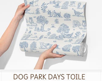 Blue Toile Dog Wallpaper: Countryside Scene, Nursery, Kids Room