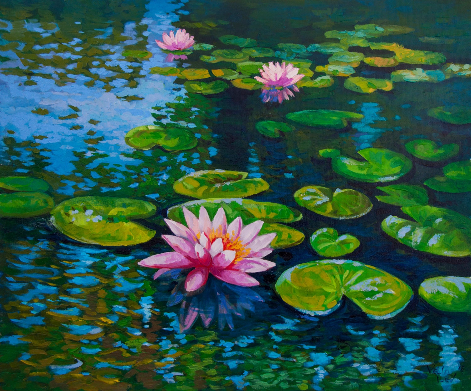 Water Lilies in the Pond.original Oil Painting on Canvas.impressionism Painted by Velin Iliev