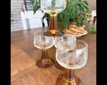 Vintage Bernsteinfarbene Bienenkorb Stem Gläser 4er SET