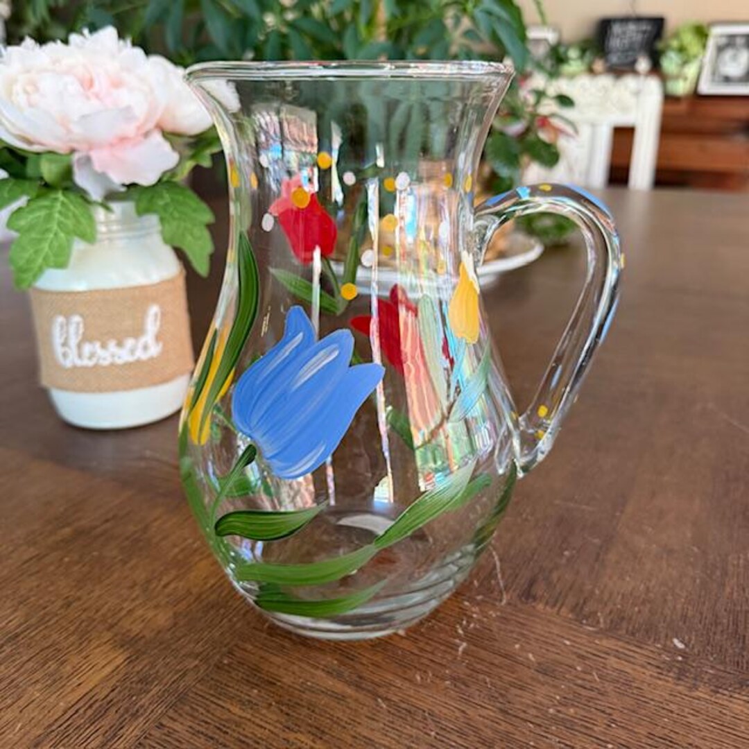 Vintage Hand-painted Multi-color Tulip Designs Clear Glass Pitcher - Etsy