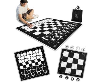 3-in-1 Giant Checkers, Chess, & Chess Tac Toe Game With Mat (4ft x 4ft) - Machine-Washable Canvas, 5" Big Foam Discs - Giant Outdoor Game