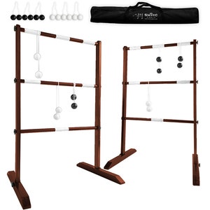 Wooden Ladder Ball Game Set (Weather Resistant) - 10 Games Included & Carrying Case - Easy, No Tool Asssembly - Ladder Toss Outdoor Game