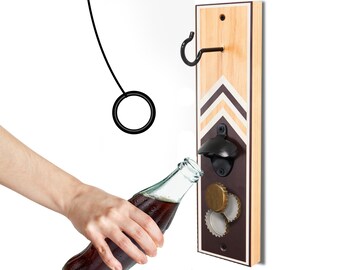 Hook & Ring Toss Game For Adults (Chevron Stained) All Weather w/ Bottle Opener and Magnetic Catch – Easy Setup – With 5+ Games – Bar Games