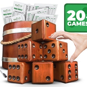 Yardzee, Farkle, & 20 Games Giant Yard Dice Set All Weather with Wooden Bucket, 5 Big Laminated Score Cards for Each Game, and Marker image 1