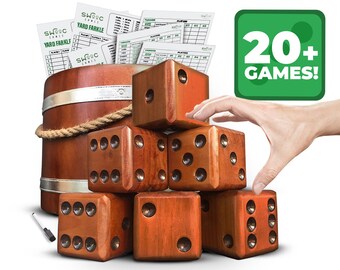 Yardzee, Farkle, & 20+ Games | Giant Yard Dice Set (All Weather) with Wooden Bucket, 5 Big Laminated Score Cards for Each Game, and Marker