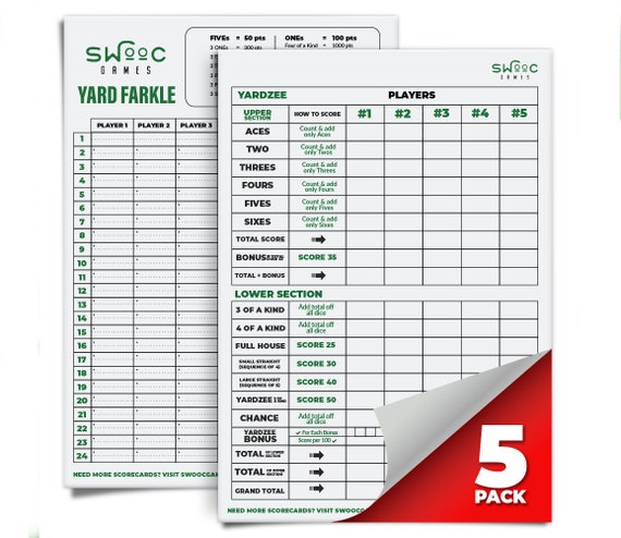 5 Big Laminated Yardzee Score Cards &amp; 5 Yard Farkle Score | Etsy