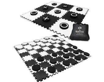 2-in-1 Giant Checkers & Tic Tac Toe Game | 4ft x 4ft | High Density EVA Foam Mat and Pieces w/ Bag | Jumbo Checker and Yard Tic Tac Toss