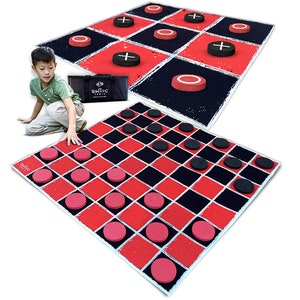 2-in-1 Vintage Giant Checkers & Tic Tac Toe Game With Mat ( 4ft x 4ft ) - 100% Machine-Washable Canvas With 5" Big Foam Discs