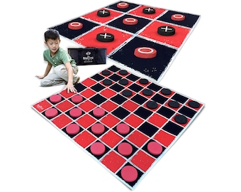 2-in-1 Vintage Giant Checkers & Tic Tac Toe Game With Mat ( 4ft x 4ft ) - 100% Machine-Washable Canvas With 5" Big Foam Discs - Giant Games