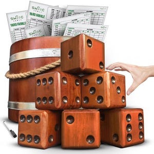 Yardzee, Farkle, & 20+ Games | Giant Yard Dice Set (All Weather) with Wooden Bucket, 5 Big Laminated Score Cards for Each Game, and Marker