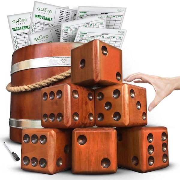 Yardzee, Farkle, & 20+ Games | Giant Yard Dice Set (All Weather) with Wooden Bucket, 5 Big Laminated Score Cards for Each Game, and Marker