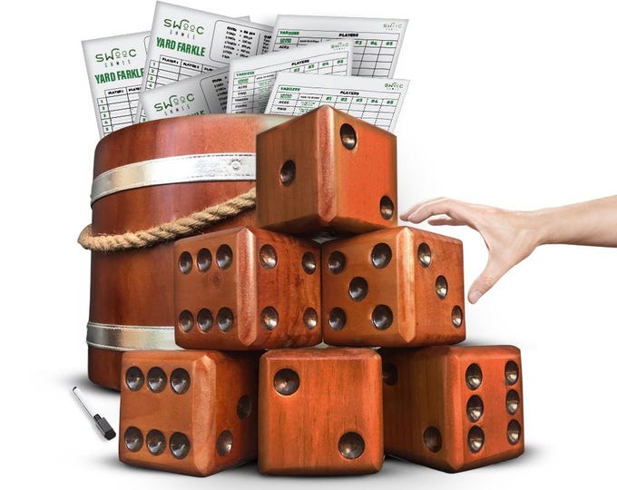 Yardzee, Farkle, & 20+ Games | Giant Yard Dice Set (All Weather) with Wooden Bucket, 5 Big Laminated Score Cards for Each Game, and Marker