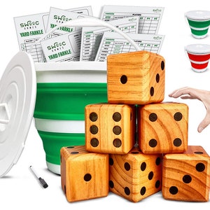 Yardzee, Farkle, & 20+ Games | Giant Yard Dice Set (All Weather) with Bucket, Lid, 5 Laminated Scorecards, Marker | Jumbo Outdoor Lawn Game