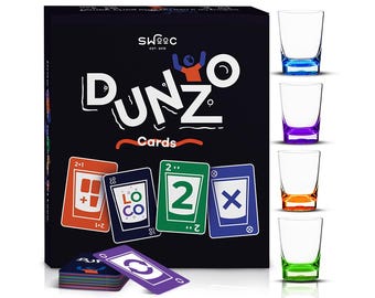 DUNZO - Hydrating Version of Classic Card Game w/ 4 Unbreakable Glasses - Draw Two, Skip, Reverse, Get Loco - Fun Party Game & Funny Gifts