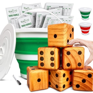 Giant Yard Dice Set - All Weather Yardzee, Farkle & 20+ Games Kit with Collapsible Bucket, Score Cards, Marker - Indoor/Outdoor Fun