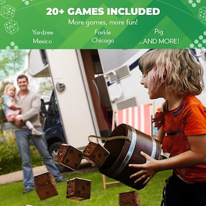 May include: A family plays a game of yardzee with wooden dice and a barrel. The game includes 20+ games, including Yardzee, Farkle, Pig, and more. The family is playing in front of a camper van.