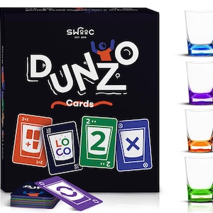 May include: A black box game set with the word "DUNZ" in white, and "Cards" in red. The set includes colorful cards and four shot glasses with blue, purple, orange, and green bases. The game cards have various symbols and numbers.