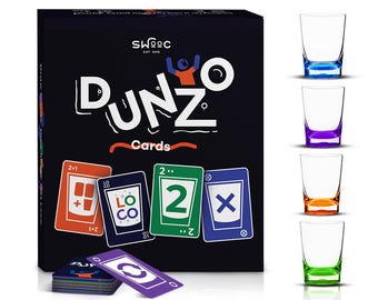 DUNZO - Hydrating Version of Classic Card Game w/ 4 Unbreakable Glasses - Draw Two, Skip, Reverse, Get Loco - Fun Party Game & Funny Gifts