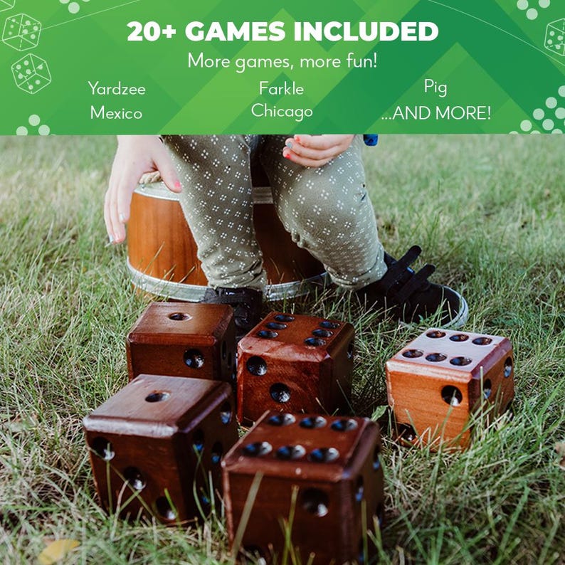 May include: A set of six large wooden dice in brown with black dots, sitting on green grass. The dice are used for playing various games, including Yardzee, Farkle, Pig, and more.