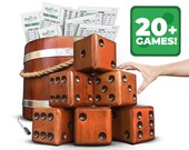 Yardzee, Farkle, 20 Games Giant Yard Dice Set (All Weather) with Wooden Bucket, 5 Big Laminated Score Cards for Each Game, and Marker