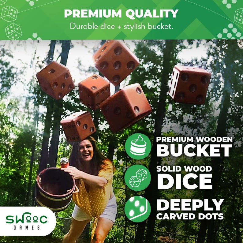 May include: A woman throws wooden dice into a wooden bucket. The dice have deeply carved dots. The text on the image reads "Premium Wooden Bucket", "Solid Wood Dice", and "Deeply Carved Dots".