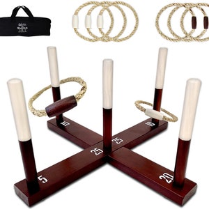 Rustic Ring Toss Outdoor Game (All Weather) - 15+ Games Included - Vintage Wood & Rope Ring Toss Yard Game with Carrying Case - Toss Game