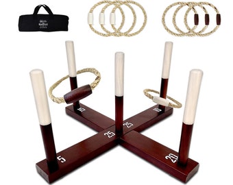 Rustic Ring Toss Outdoor Game (All Weather) - 15+ Games Included - Vintage Wood & Rope Ring Toss Yard Game with Carrying Case - Toss Game