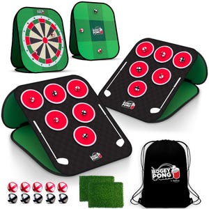 May include: A Bogey Pong game set featuring two black folding boards with red circular targets and golf club graphics, a dartboard target, a green grid target, ten golf balls with red or black stripes, two artificial turf mats, and a black drawstring bag.