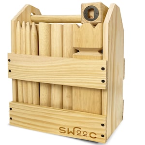 May include: A wooden game set with a carrying case. The set includes wooden stakes, a wooden base, and a wooden mallet. The case is made of natural wood and has the word "SWOOCO" printed on the bottom.