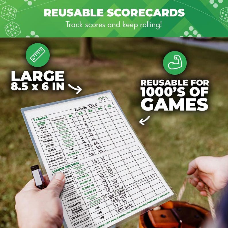 May include: A white dry-erase scorecard for the game Yahtzee. The scorecard is 8.5 inches by 6 inches and is reusable for 1000's of games. The scorecard has a section for the upper and lower sections of the game. The scorecard is labeled "Players" and has spaces for five players. The scorecard is labeled "Dad" in the player section.