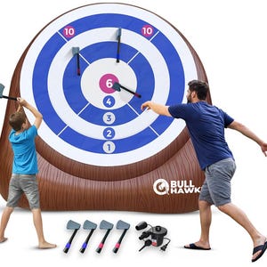 May include: An inflatable axe throwing target with a brown wood-grain base and a blue and white target. Includes axes and an electric pump. A man and a child are shown throwing axes at the target.