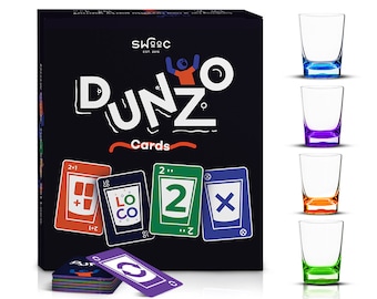 DUNZO - Drinking Version of Classic Card Game with 4 Unbreakable Shot Glasses - Draw Two, Skip, Reverse, Get Loco - Games for Adults Age 21+