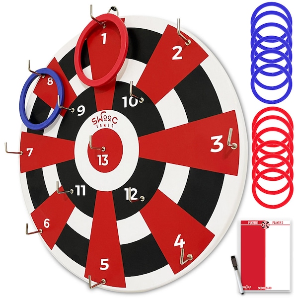 Hook Darts Ring Toss Game ‒ Wood Board & Soft Rings ‒ 20+ Games Included For Kids and Adults ‒ Wall Mount Games ‒ Ring and Hook Game